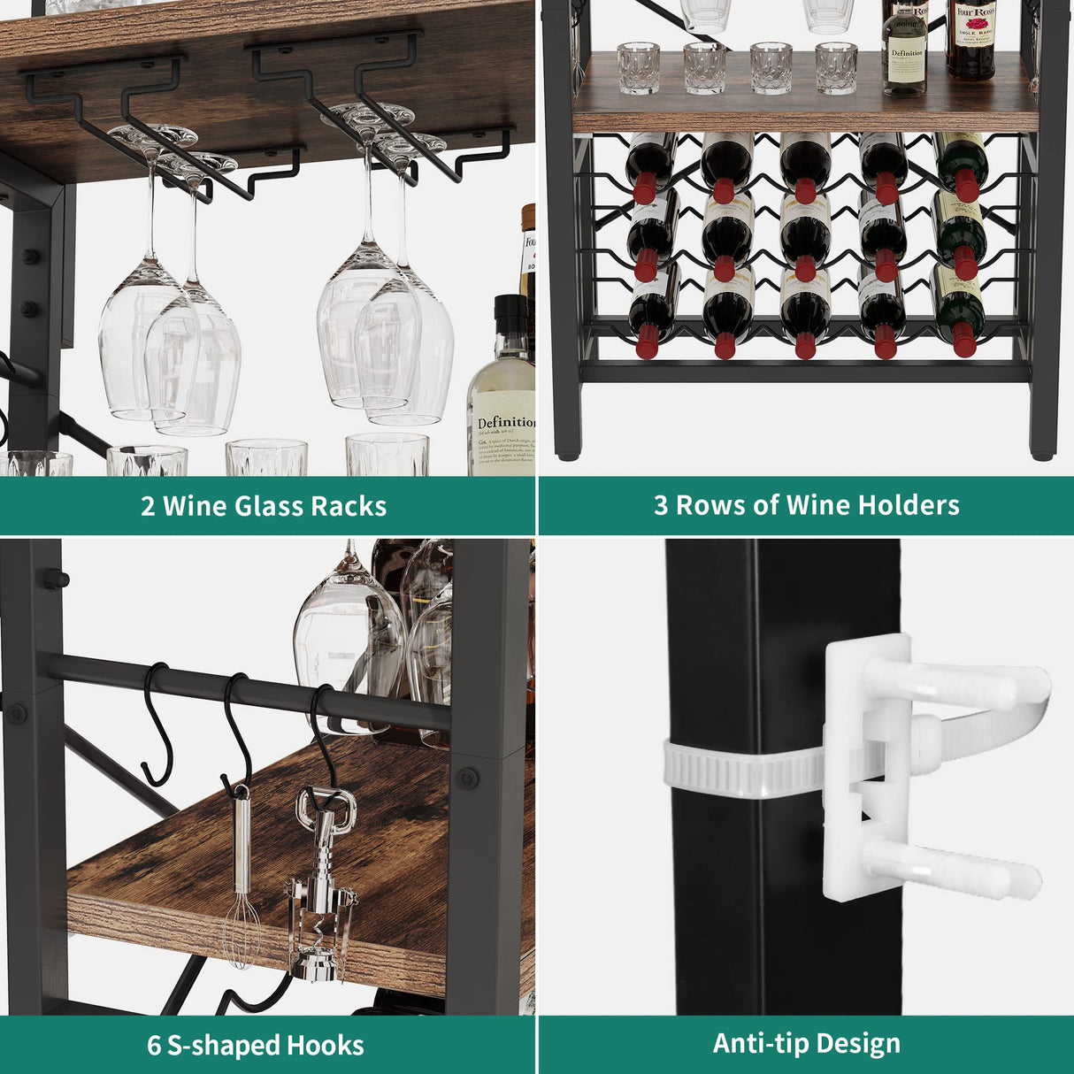 YITAHOME Kitchen Microwave Bakers Stand with Wine Rack, Wine Rack Freestanding Floor Small Storage Shelves for Liquor Bottle Glasses Power Outlet Farmhouse Coffee Bar 31 Inch, Rustic Brown YITAHOME