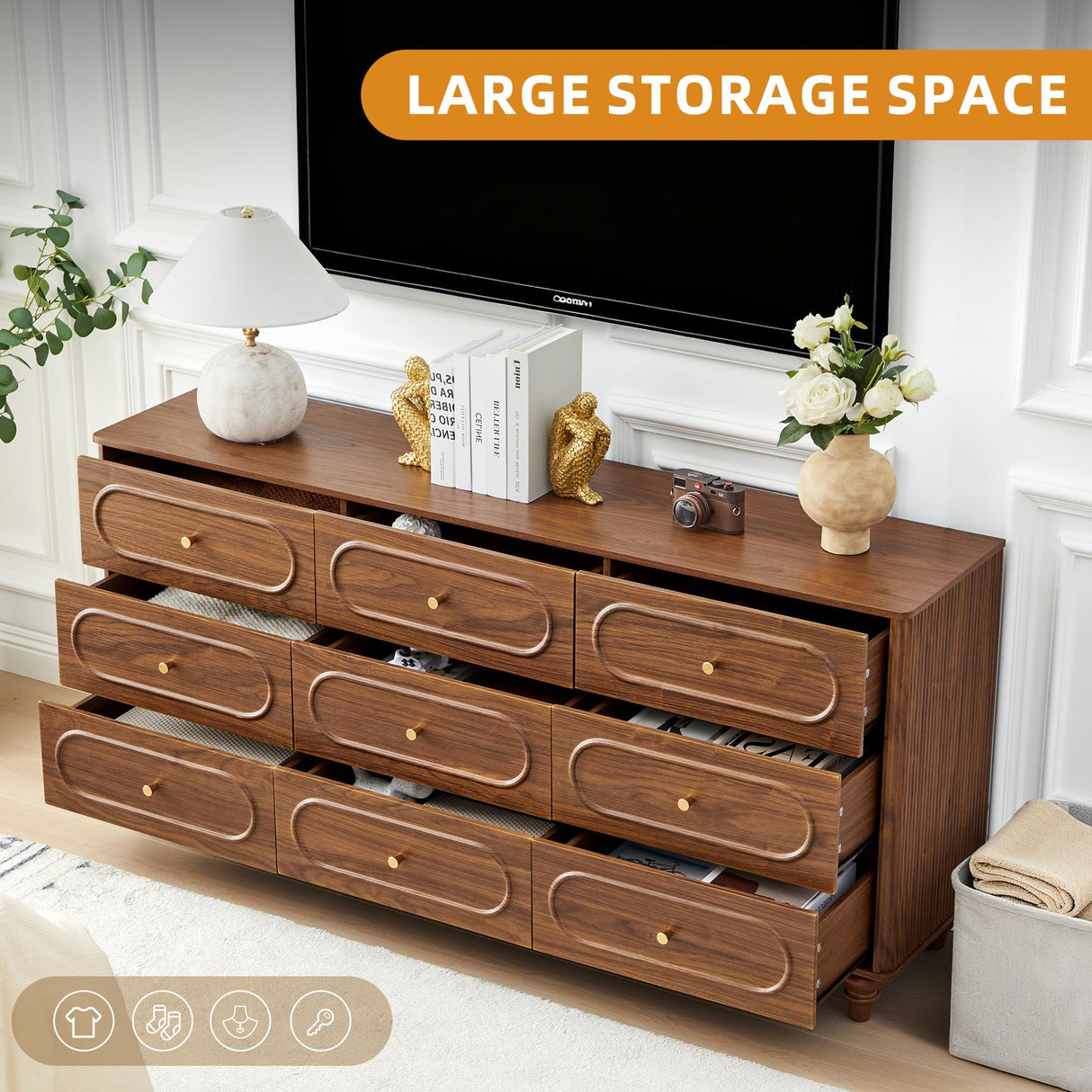 ORRD 9 Drawer Fluted Dresser for Bedroom, Mid Century Modern Chest of Drawers, Wood Storage Small Dresser Organizer for Bedroom Living Room Hallway Closet, Walnut ORRD