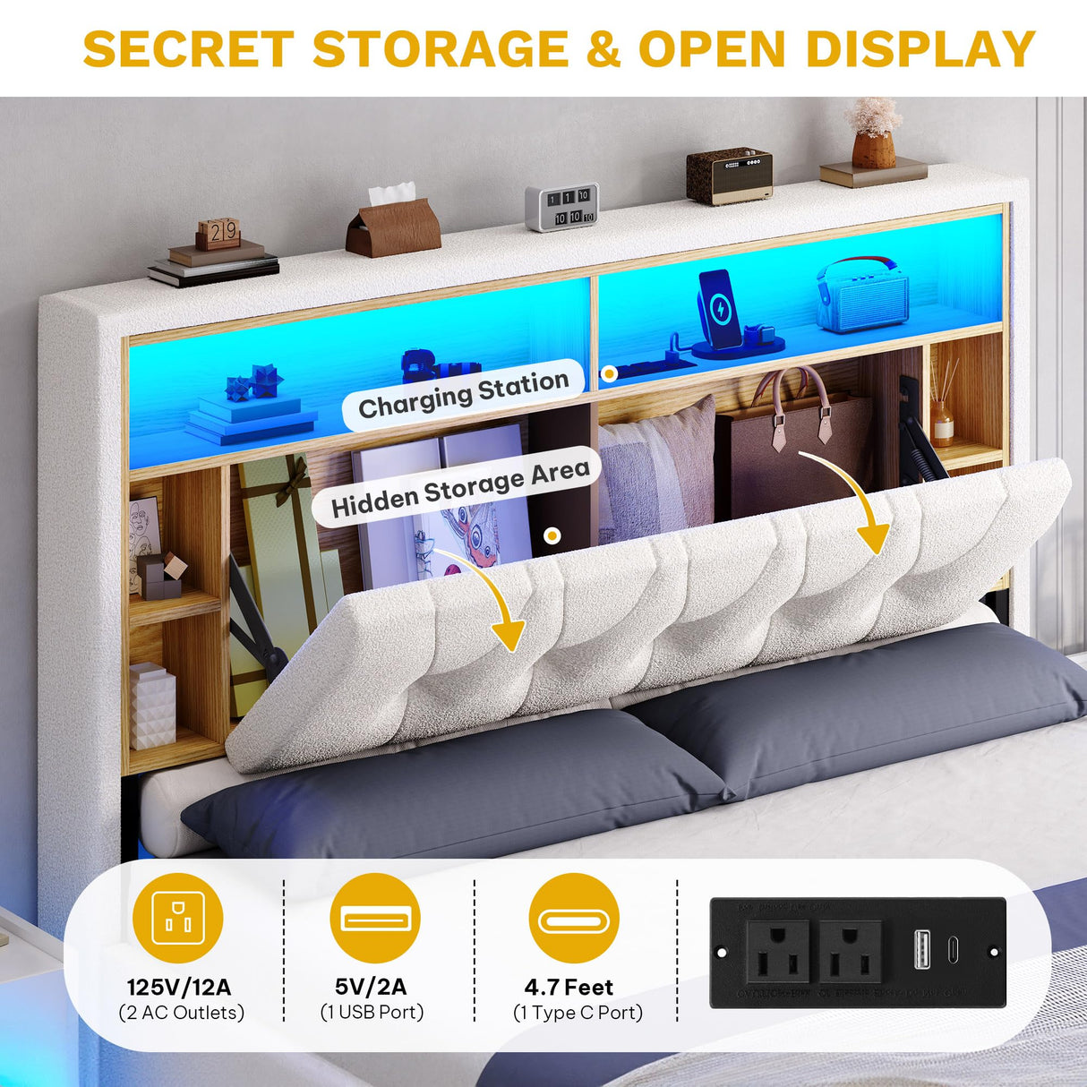 DWVO King Size Floating Bed Frame with RGB LED Lights, Bookcase Storage Headboard Beds with Charging Station, Upholstered Platform with Heavy Duty Wood Slat, No Box Spring Needed, Beige DWVO