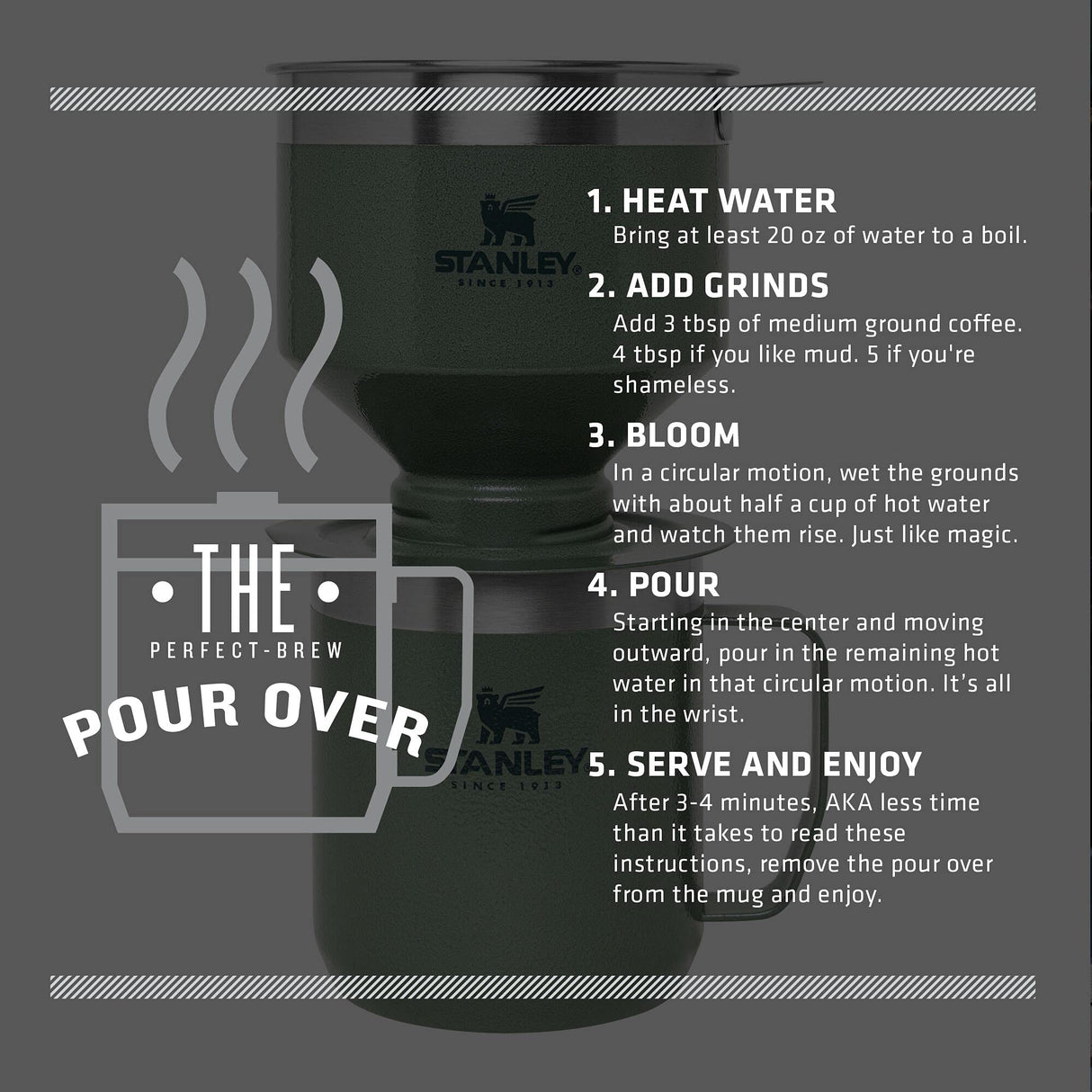 Stanley Perfect Brew Pour Over Set with Camp Mug- Reusable Filter - BPA-Free - Easy-clean Stainless Steel Coffee Maker - Hammertone Green STANLEY