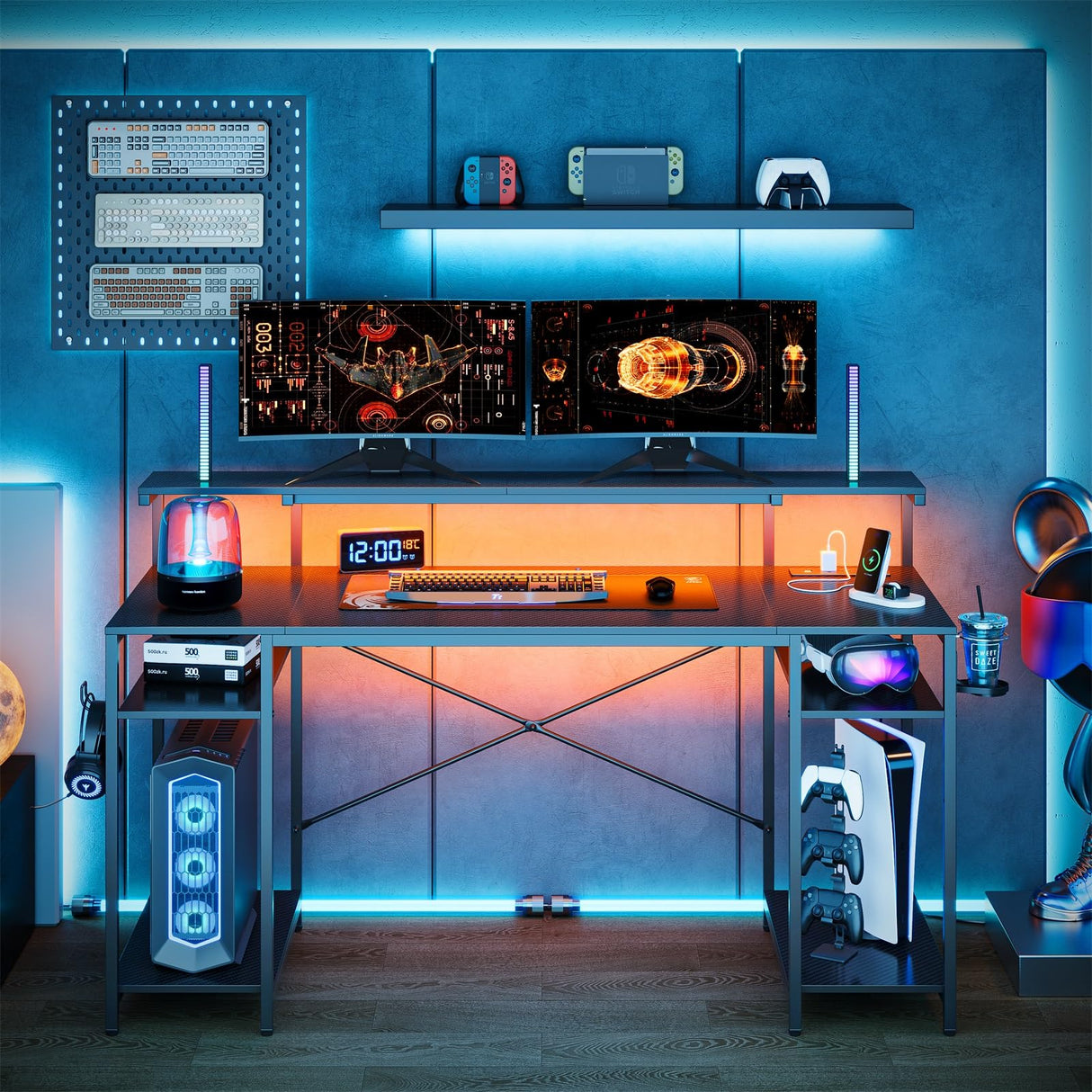 Bestier 55 inch Gaming Desk with Power Outlets & LED Lights, Computer Desk with Monitor Stand & Adjustable Shelves, Home Office Desk with Cup Holder & Hook, Black 3D Carbon Fiber Bestier