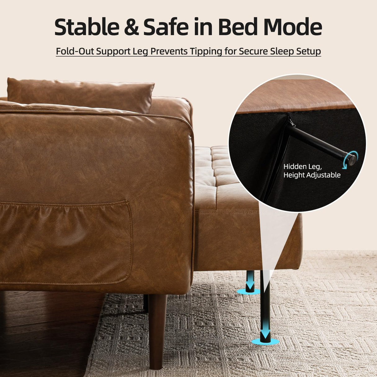 HALLYBEE 85” Futon Sofa Bed, Sleeper Sofa, Small Couch with Storage Adjustable Armrests Pillows, Faux Leather Loveseat, Mid Century Modern Couches for Living Room, Bedroom, Apartment, Brown HALLYBEE