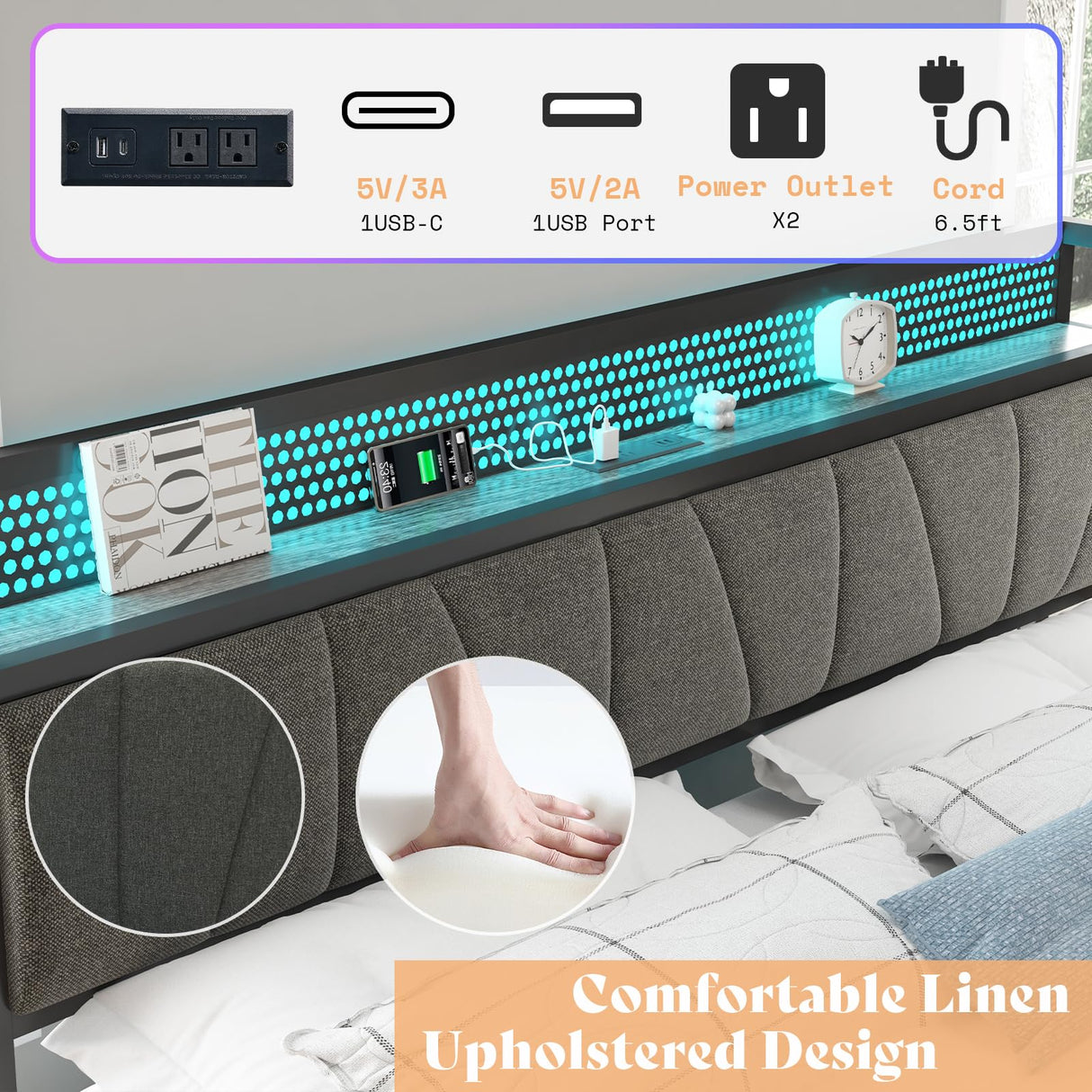 AMERLIFE King Size Lift Up Bed Frame with Linen Upholstered & LED Light & Storage Headboard, Platform Bed Frame with Charging Station, No Box Spring Needed, Noisy Free, Rustic Grey AMERLIFE