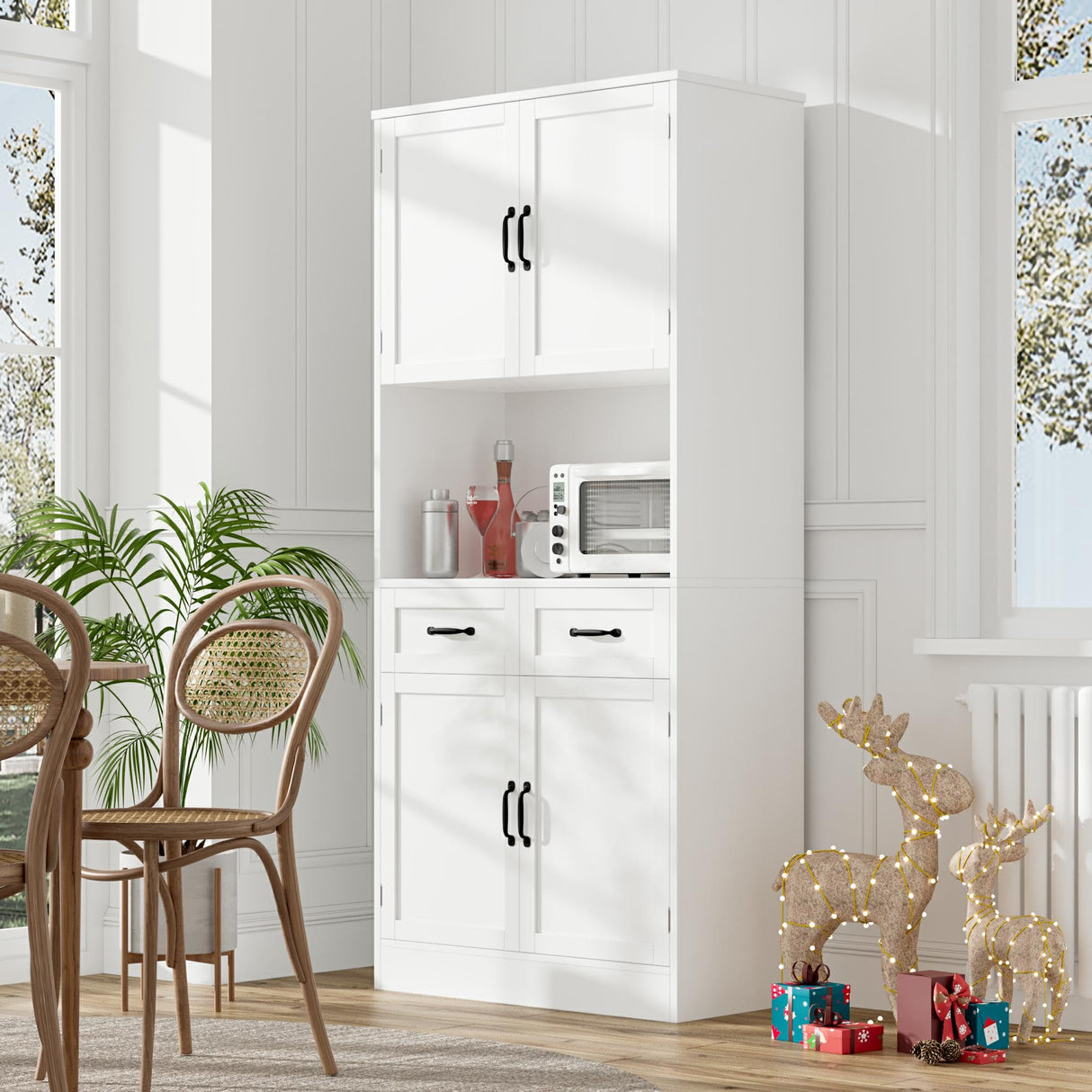 HOSTACK 71β Tall Kitchen Pantry Storage Cabinet, Modern Kitchen Hutch Bar Cabinet with Microwave Stand, Wood Buffet Sideboard with Hutch, Cupboard with Drawers, Shelves for Dining Room, White HOSTACK