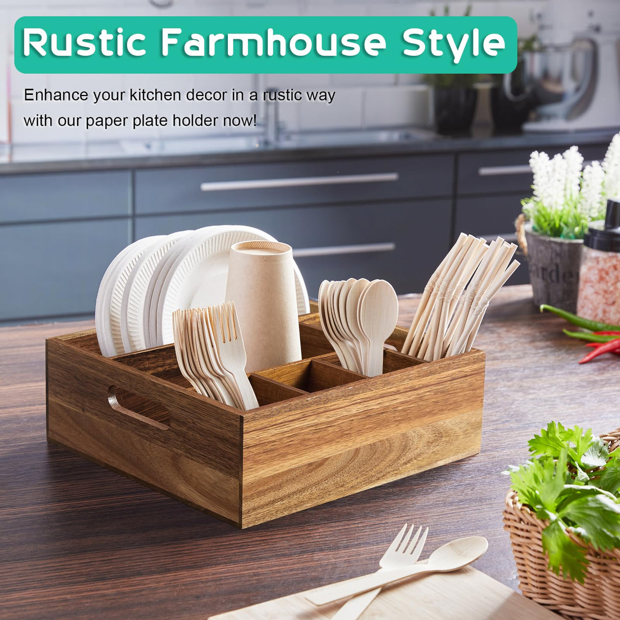 ALELION Acacia Wood Utensil Holder for Party - Paper Plate Organizer for Countertop - Silverware Caddy with 6 Compartments for Plate, Cup, Fork, Spoon - Cutlery Holder for Kitchen Camping Buffet ALELION