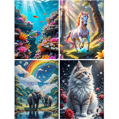 4 Pack 5D Diamond Art Kits for Adults-Premium Canvas Without Creases-Easy Diamond Painting Kits for Adults-Cats,Elephants,Tropical Fish,Unicorns,Themes for DIY Craft and Home Decor.A001