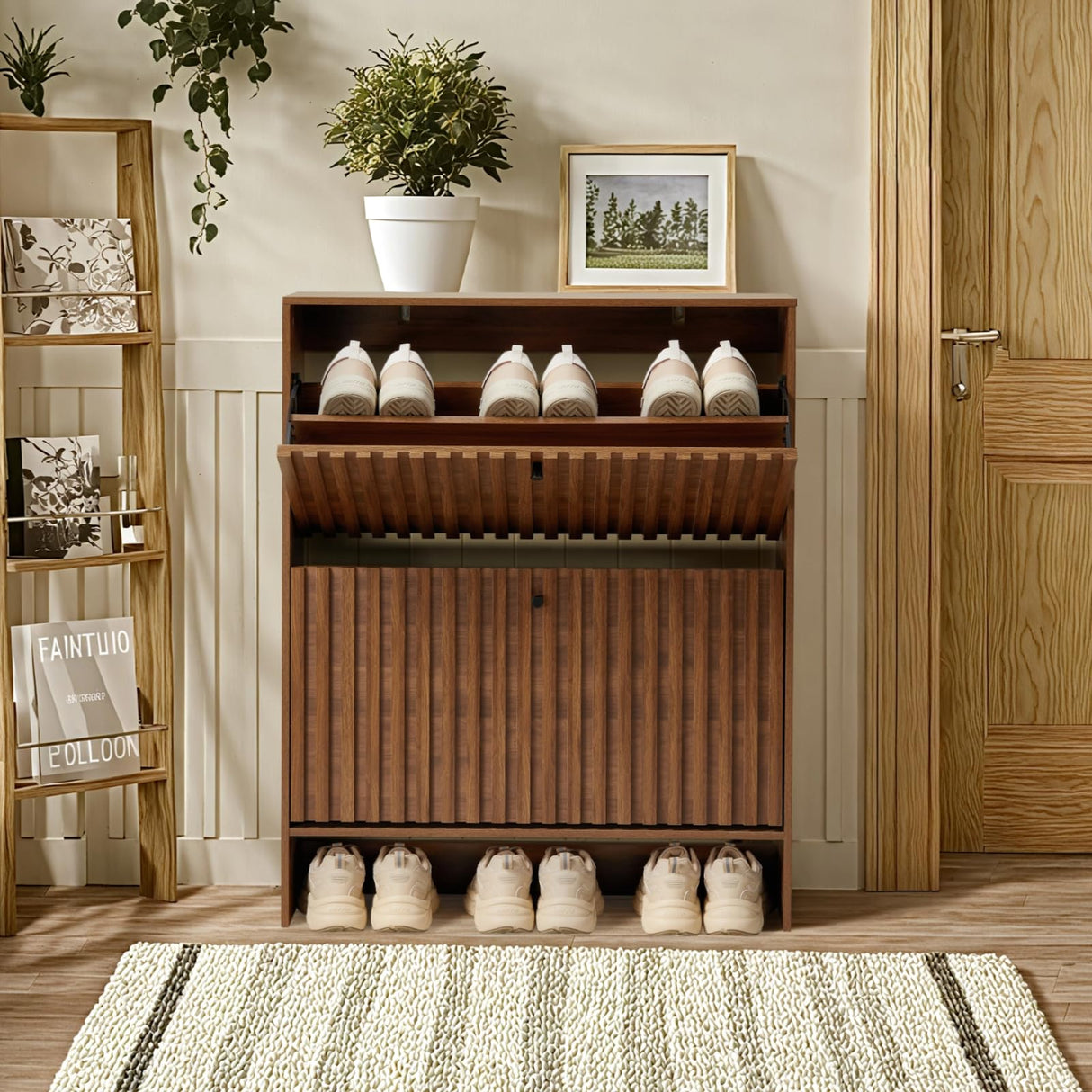 BVXBVX 31.5''W Walnut Shoe Storage Cabinet for Entryway with 2 Flip Drawers, Fluted Slim Shoe Cabinet, Free Standing Wooden Shoes Organizer for Foyer, Hallway BVXBVX