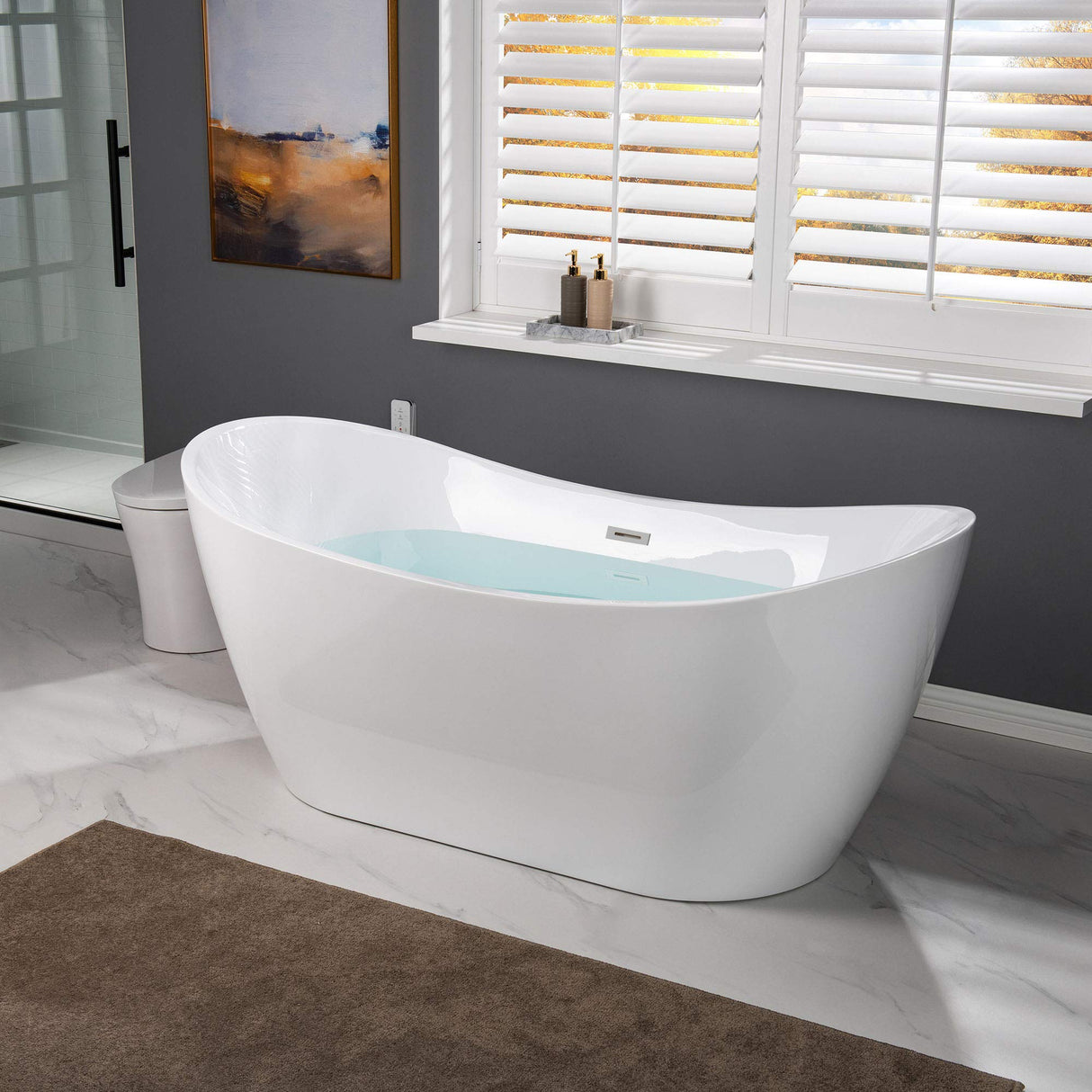 WOODBRIDGE 67" Acrylic Freestanding Bathtub Contemporary Soaking Tub with Brushed Nickel Overflow Overflow and Drain,White,B0010-BN WOODBRIDGE