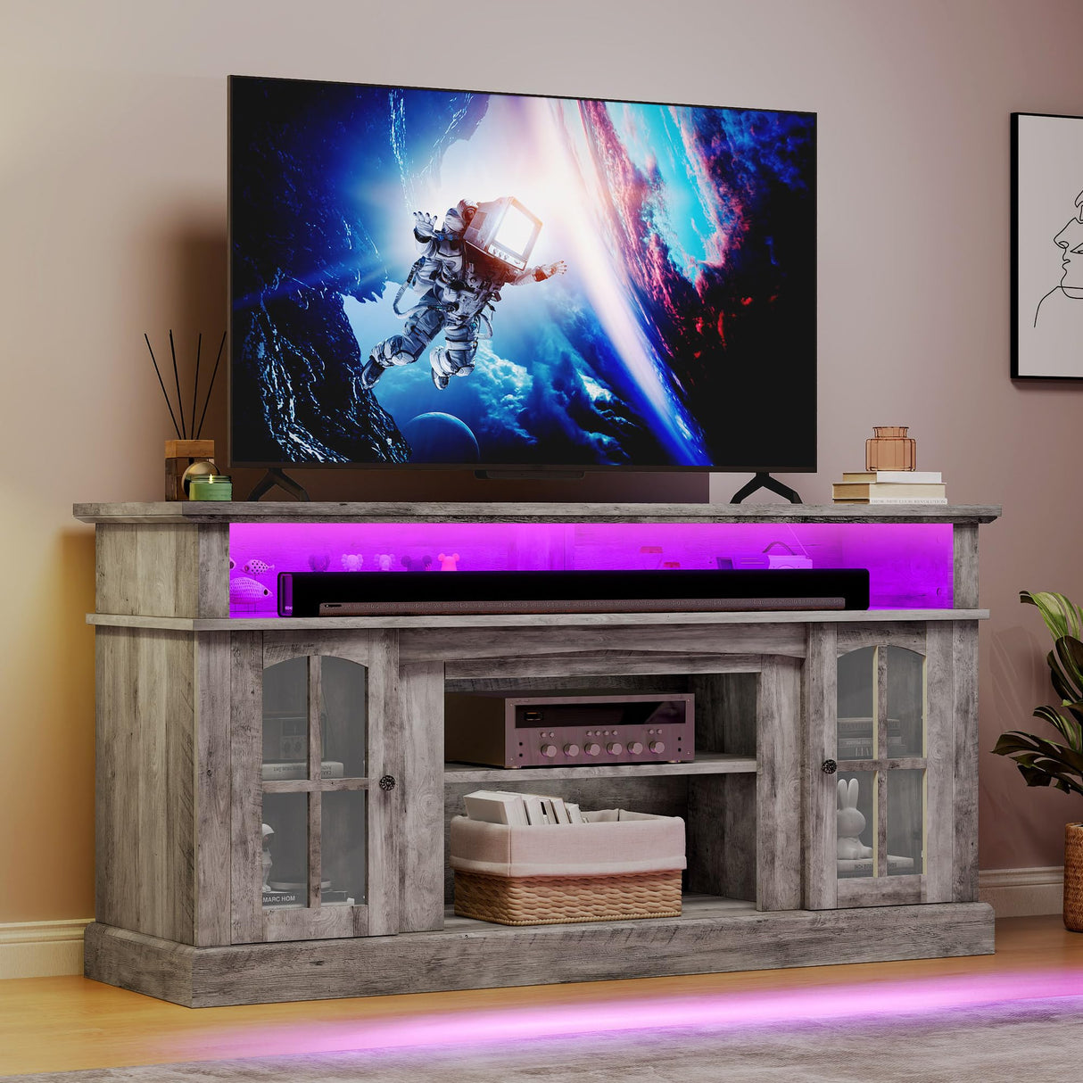 DWVO Farmhouse Television Stand for 75 Inch TV w/Outlets, LED Modern Entertainment Center with Glass Doors and Adjustable Storage Shelves, Media Console TV Cabinet for Living Room, Grey DWVO