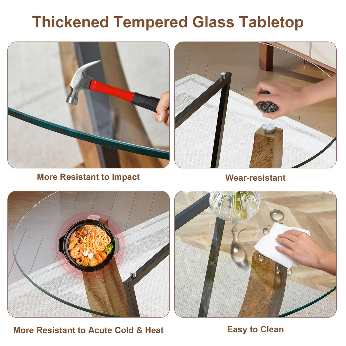 LFVFFA Round Dining Table Set for 4, 48 Inches Kitchen Table with 4 Brown Chairs, Tempered Glass Tabletop with Wood Pedestal Base, 5 Pieces Dinner Table Set for Living Room Apartment LFVFFA