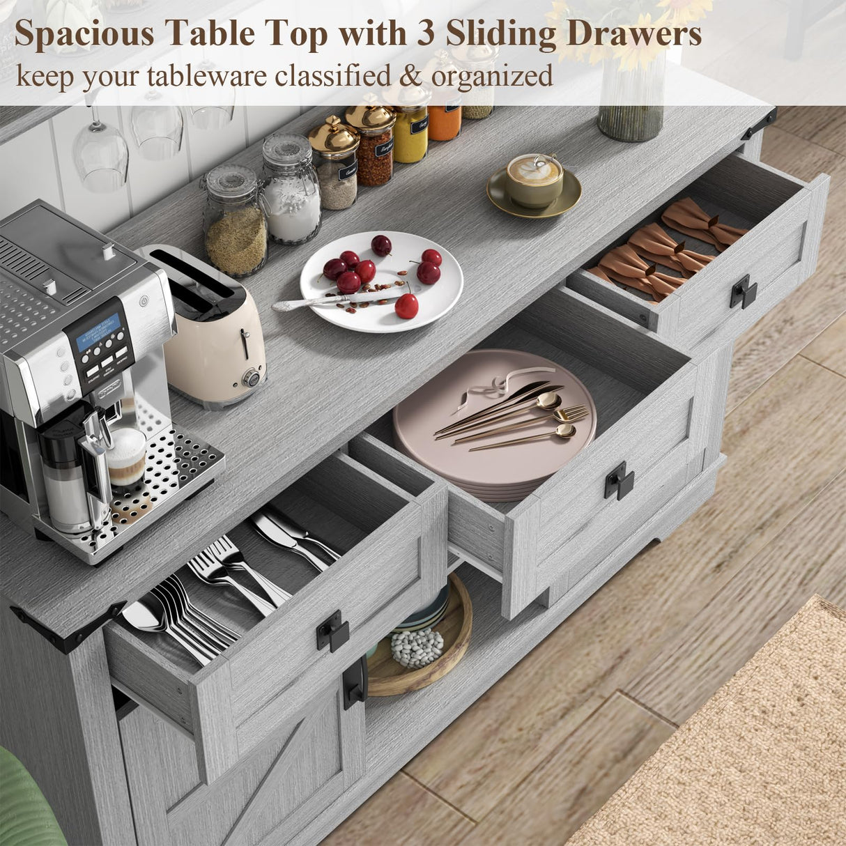 Gyfimoie Farmhouse Bar Cabinet with Hutch, Kitchen Buffet Cabinet with Storage Cabinet & 3 Sliding Drawers, Adjustable Shelf, Goblet Holder, Cup Hooks for Living Room, Dining Room Use (Grey) Gyfimoie