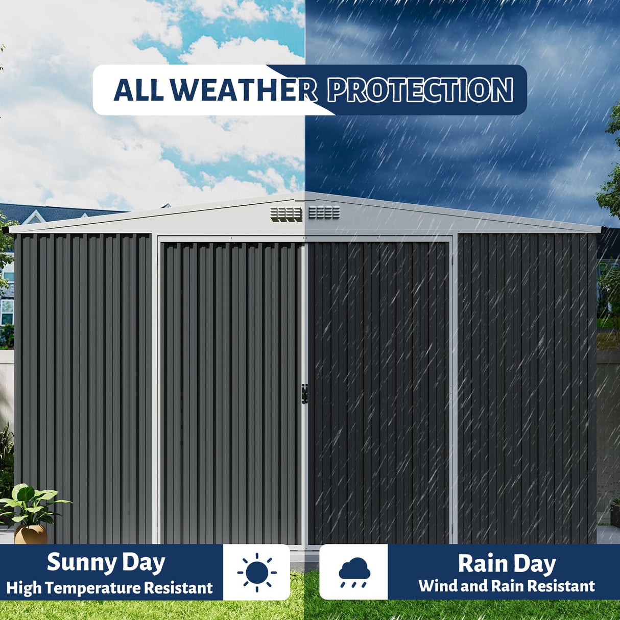 GarveeLife 9x12 Shed for Outdoor Storage, Galvanized Steel Metal Tool Sheds House with Lockable Doors, Lock & Air Vent, Large Utility Sheds for Patio Garden Lawn (9x12.6, Grey) GarveeLife