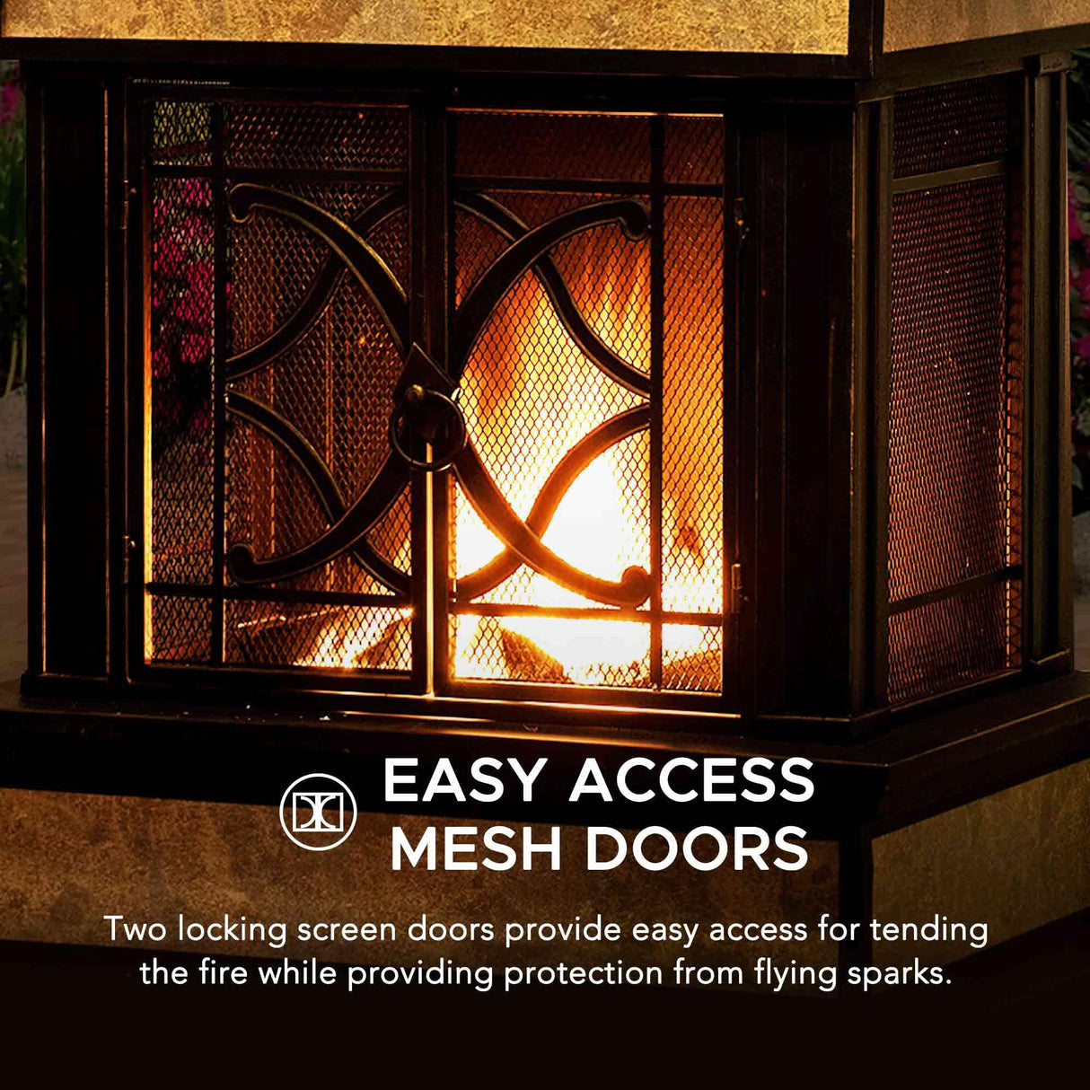 Sunjoy Outdoor Fireplace, Smith Collection Patio Wood Burning Steel Fireplace with Chimney, Spark Screen, Fire Poker, and Removable Grate, Copper with Yellow Tile Sunjoy