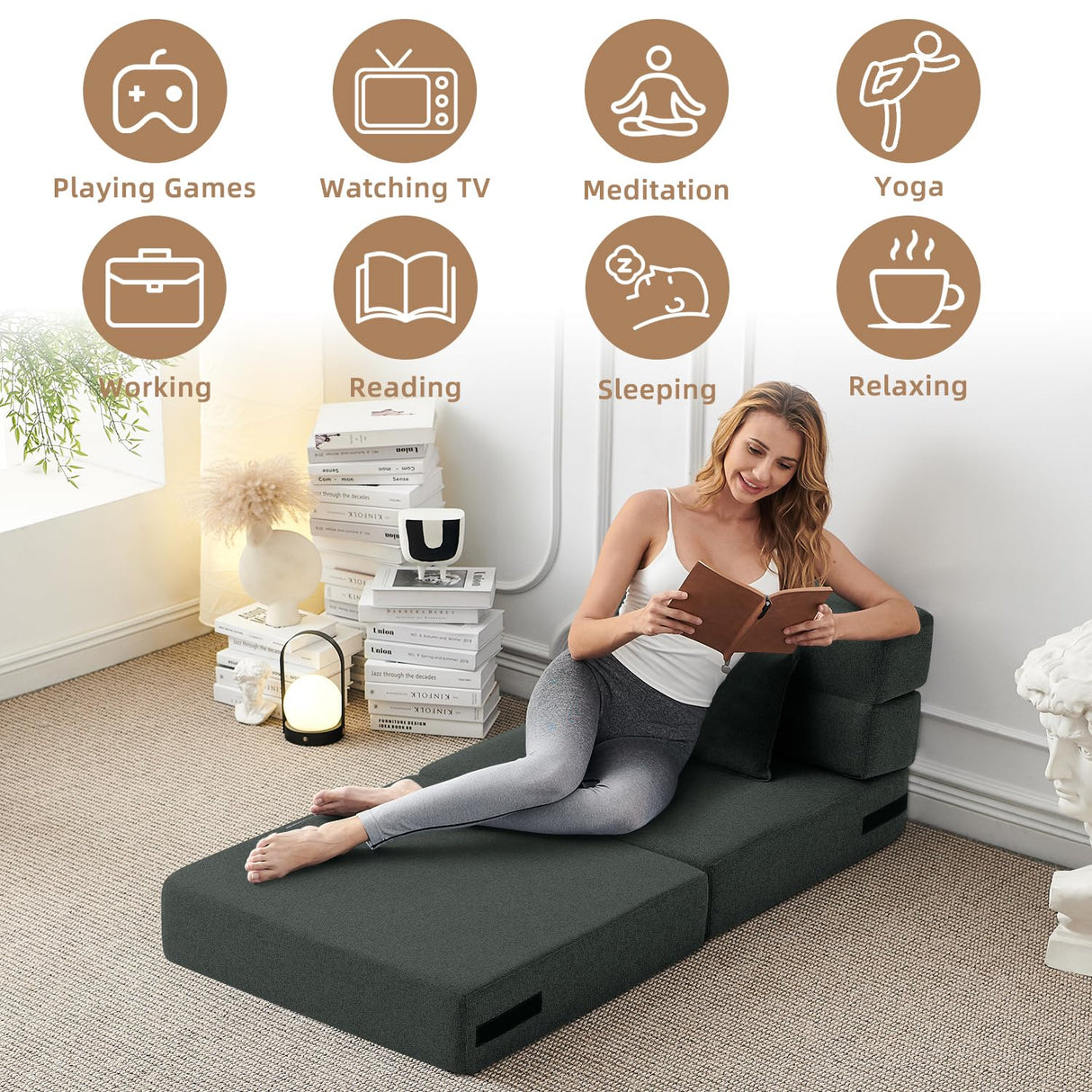 FILUXE Convertible Folding Sofa Bed - Sleeper Chair with Pillow, Modern Linen Fabric Floor & Futon Couch, Foldable Mattress for Living Room/Dorm/Guest Use/Home Office/Apartment, Single Size, Dark Gray FILUXE