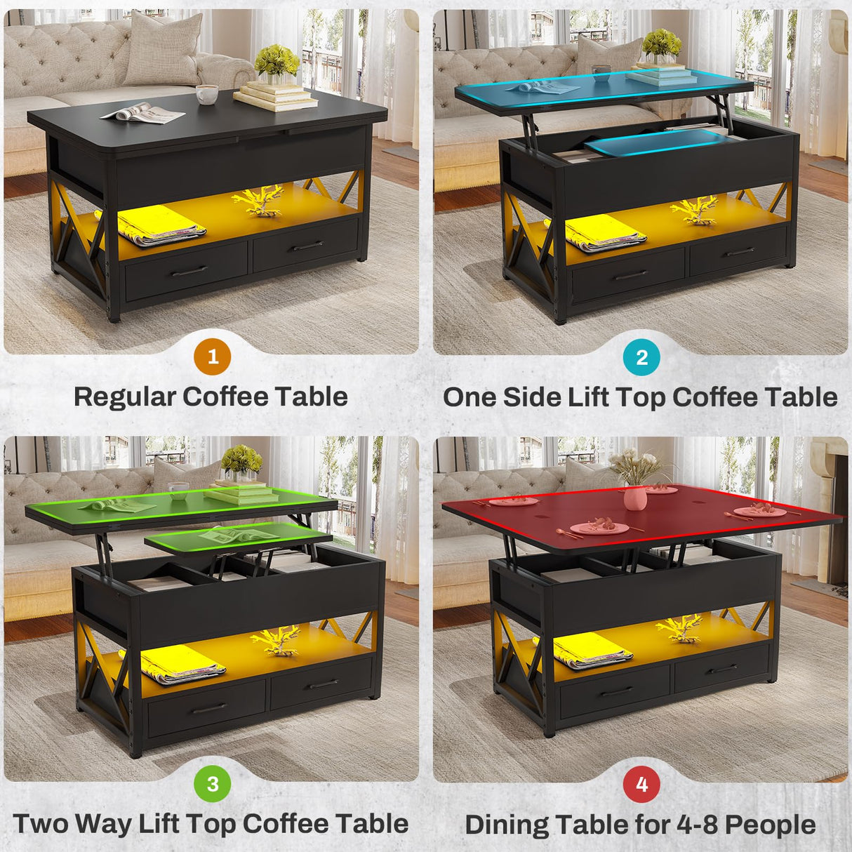 Itaar 40" Lift Top Coffee Table, 4 in 1 Coffee Tables with Storage for Living Room, Small Farmhouse Coffee Table with 2 Drawers & LED Light for Dining Reception Room, Black Itaar