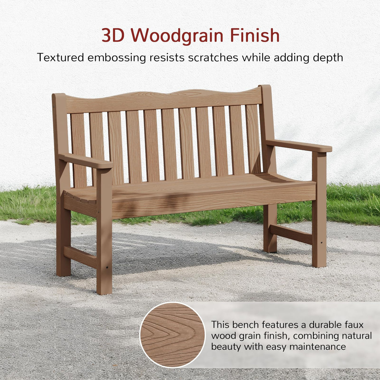 Outdoor Bench, 2-Person Poly Lumber Garden Bench, All-Weather Outside Bench with 800 lbs Weight Capacity, Never Rot or Fade, Looks Like Real Wood, Teak Stoog