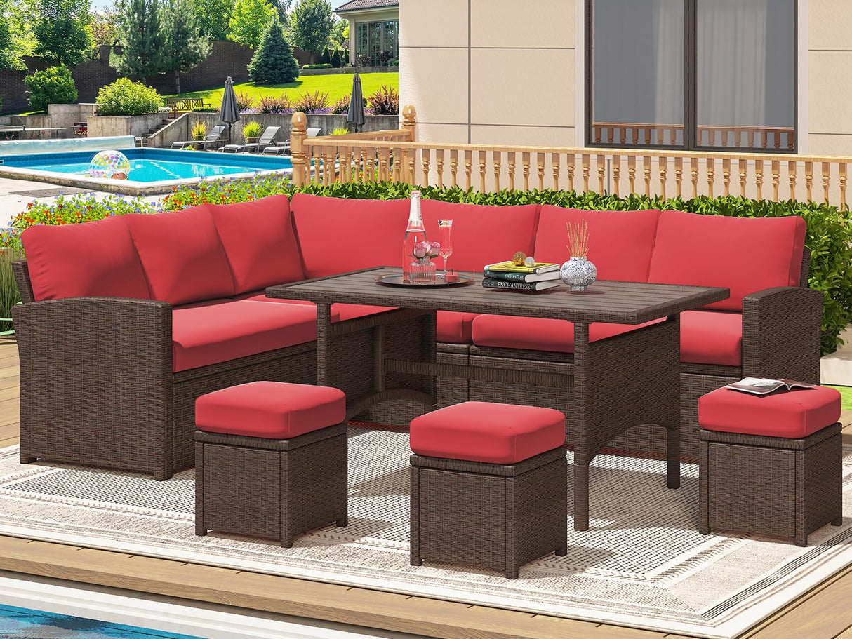 U-MAX Outdoor Patio Furniture Set,7 Piece Patio Sectional Sofa Set with Dining Table All-Weather Wicker Patio Conversation Sets(Brown Rattan & Red Cushion) U-MAX