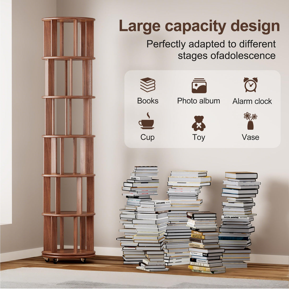 VireoNest 6 Tier Rotating Bookshelf, 100% Solid Wood Revolving Bookcase with Locking Wheels, 360° Spinning Bookshelf for Kids Room, Small Spaces, Corner Shelf for Bedroom, Office, Nursery, Walnut VireoNest