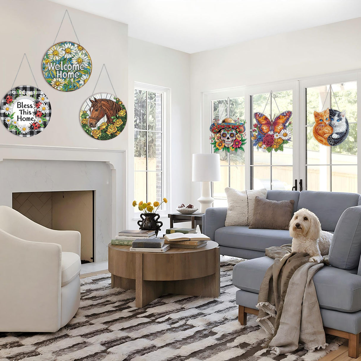 VAIIEYO Daisy Diamond Art Hanging Ornament, Flower Diamond Painting Suncatchers Window Hanging Kit with Chain, 7.5x7.5 inch Crystal Pendant Art Craft for Gift Home Wall Front Door Decoration VAIIEYO