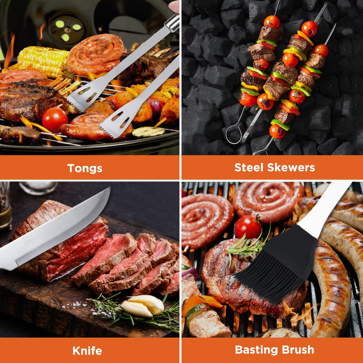 Commercial Chef 10PC BBQ Grill Tool Set – Outdoor Smoker Grilling Accessories, with Carry Bag, Meat Skewers, Spatula, Tongs, Fork, Basting Brush - Gifts for Men Commercial CHEF