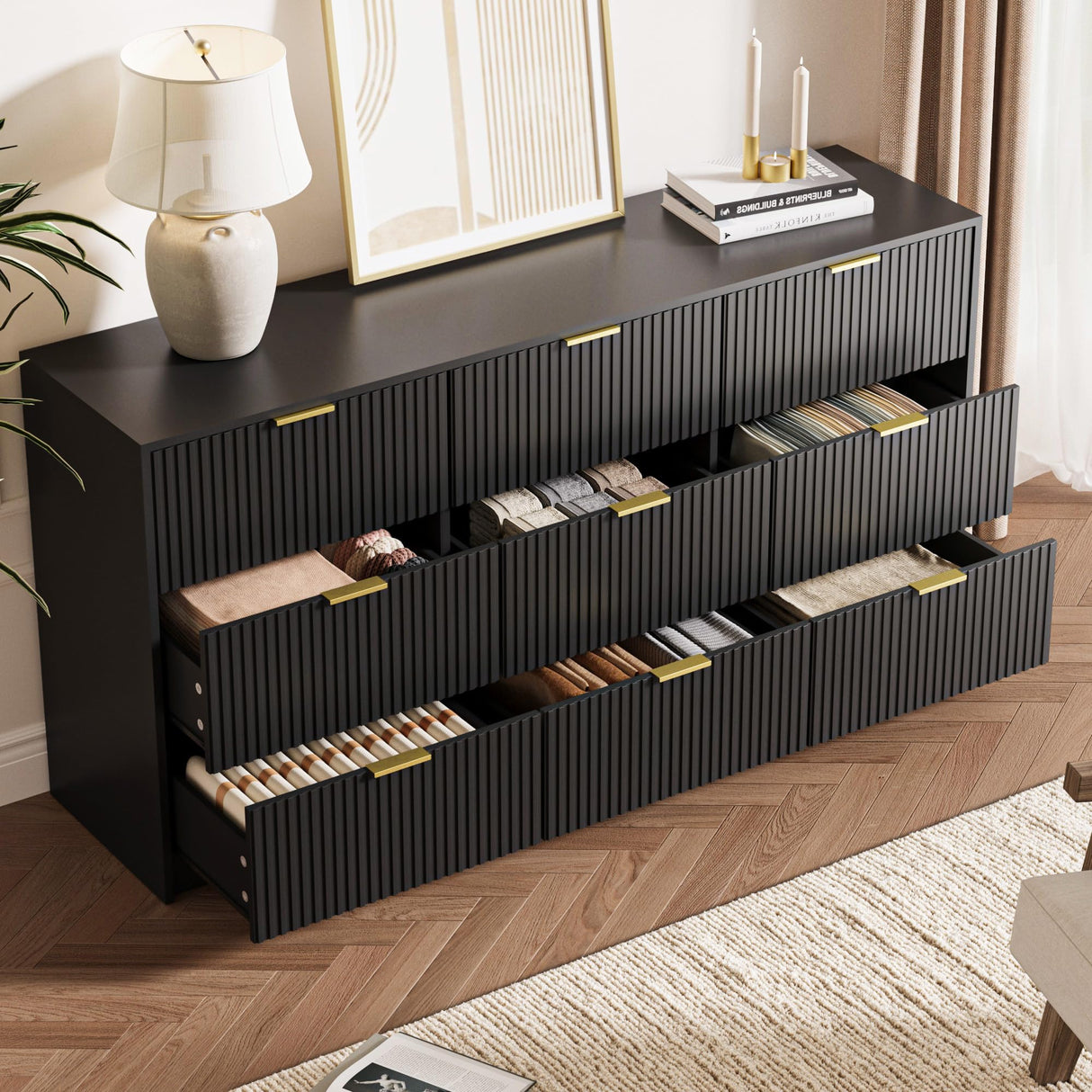 MAISONARIA Black Dresser for Bedroom, 9 Drawer Double Dresser, Modern Chest of Drawers for Bedroom, Living Room, Entryway and Closet, 63" L x 15.7" D x 31.5" H MAISONARIA