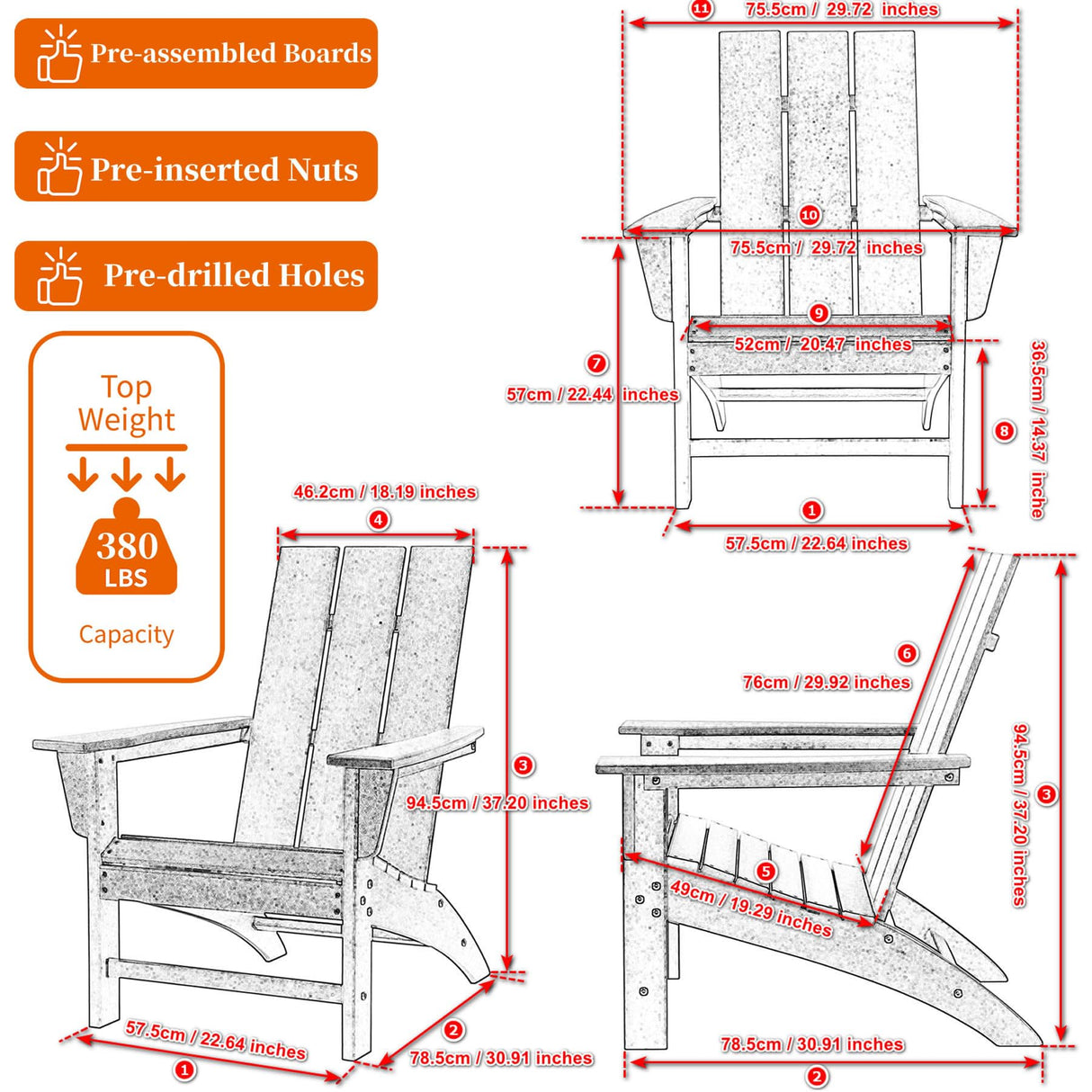 Poly Lumber Adirondack Chair, All-Weather Resistant Outdoor Patio Chairs, Look Like Wood, Pre-Assembled Outdoor Fire Pit Chair for Pool, Deck, Backyard, Garden, Black Adiromoti