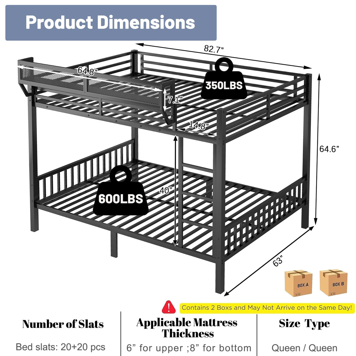 Mirightone Queen Over Queen Bunk Beds for Adults, Metal Bunk Bed Queen Size with Storage Shelf,Heavy-Duty Bunk Bed Frame with Ladder and Slats Support for Boys Girls,Space-Saving,Noise Reduced,Black Mirightone