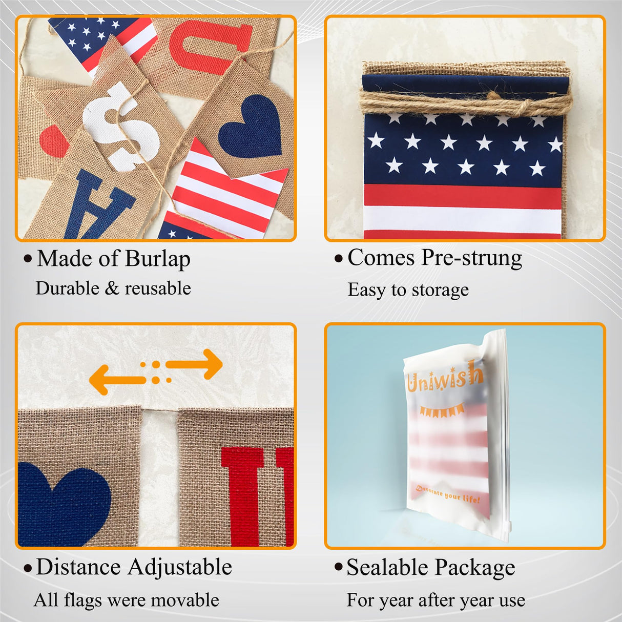 Uniwish USA Banner Burlap Bunting 4th of July Decorations American Independence Day Celebration Red White and Blue Theme Party Supplies Uniwish