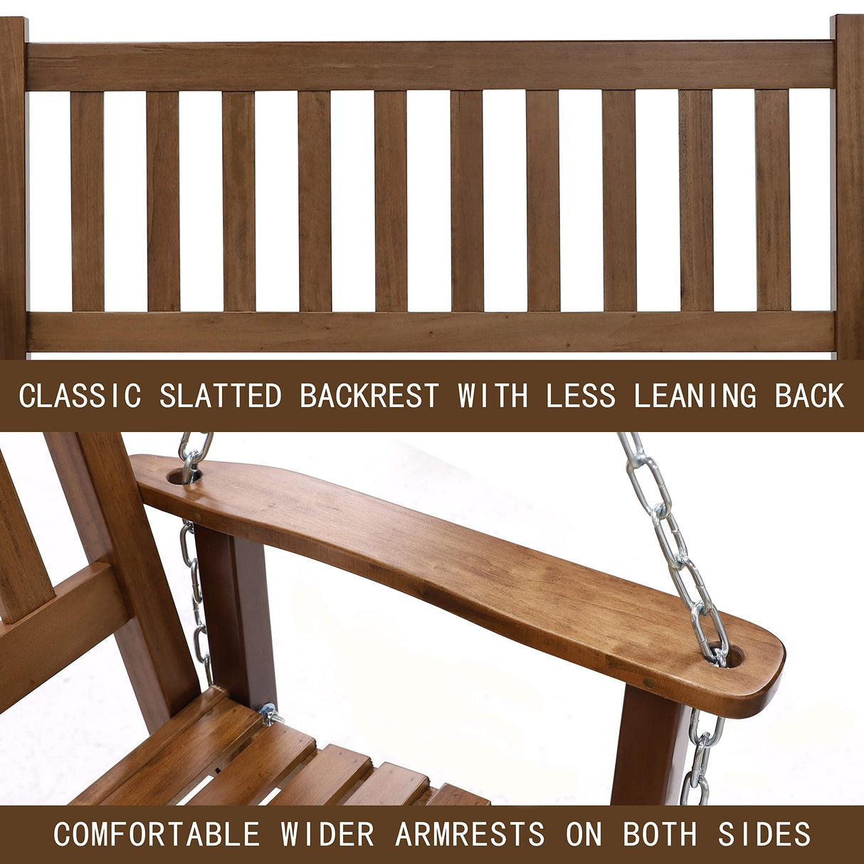 MUPATER Outdoor Patio Hanging Wooden Porch Swing 4FT with Chains, 2-Person Heavy Duty Swing Bench for Garden and Backyard, Wood Brown MUPATER