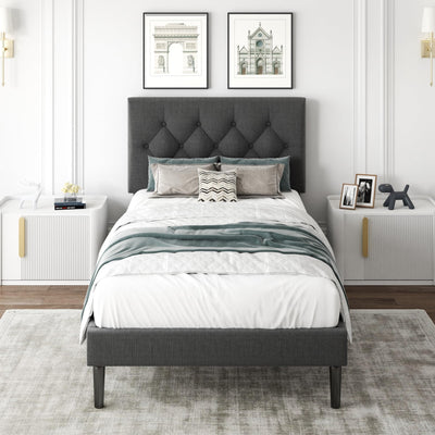 CXVX Twin Size Platform Bed Frame with Upholstered Headboard, Button Tufted Design, Strong Wooden Slats, No Box Spring Needed, Easy Assembly, Noise Free