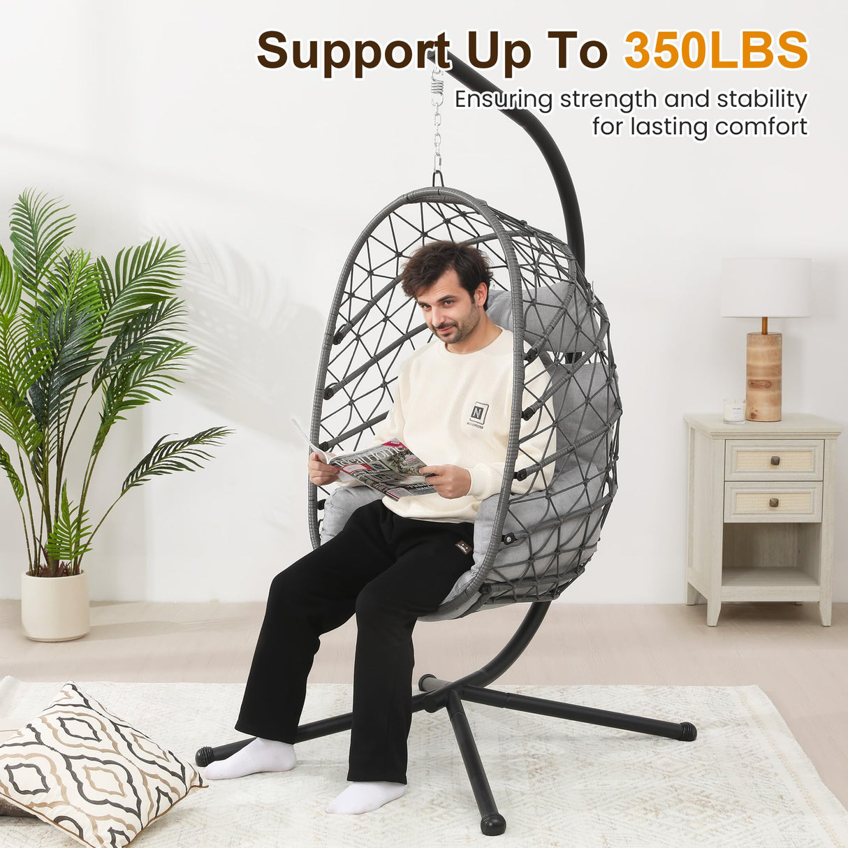 RoyalCraft Hanging Egg Chair Outdoor Swing Chair with Stand, Hammock Chair Indoor, Patio Boho Wicker Hanging Chair with Stand 350lbs Capacity for Garden, Balcony, Bedroom, Black & Gray RoyalCraft