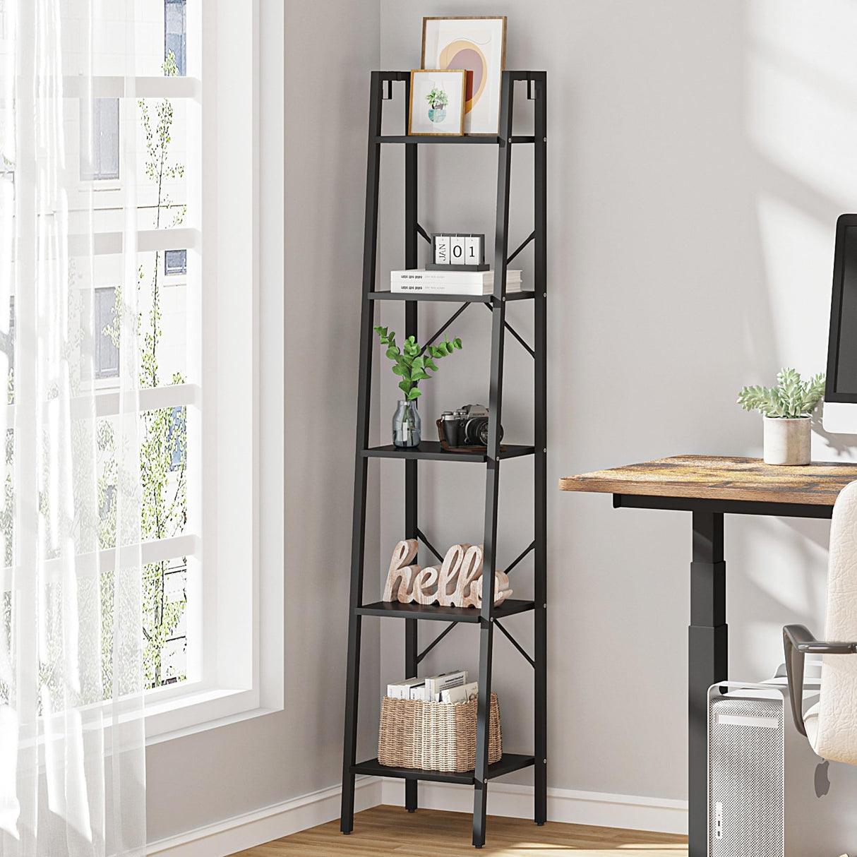 Hzuaneri Ladder Shelf, Bookshelf Bookcase, Freestanding Corner Storage Shelve with 2 Hooks for Home Office, Living Room, Kitchen, Bedroom, Industrial, 5-Tier Black BC03204B Hzuaneri
