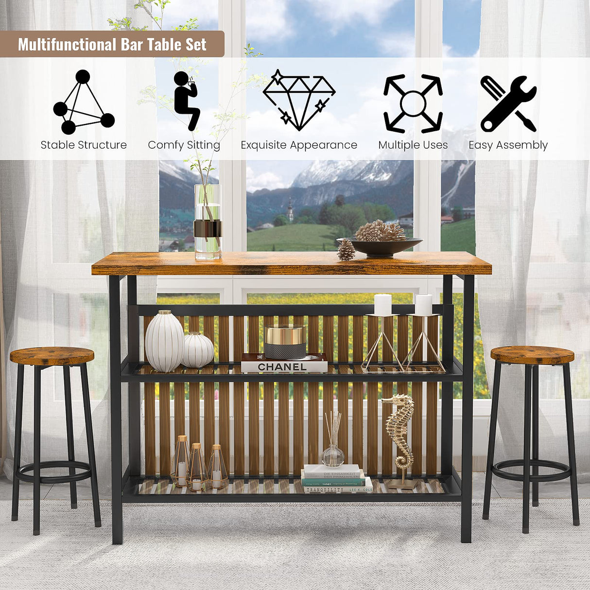 AWQM Walnut 3-Piece Kitchen Island Bar Table Set with Storage and Seating AWQM
