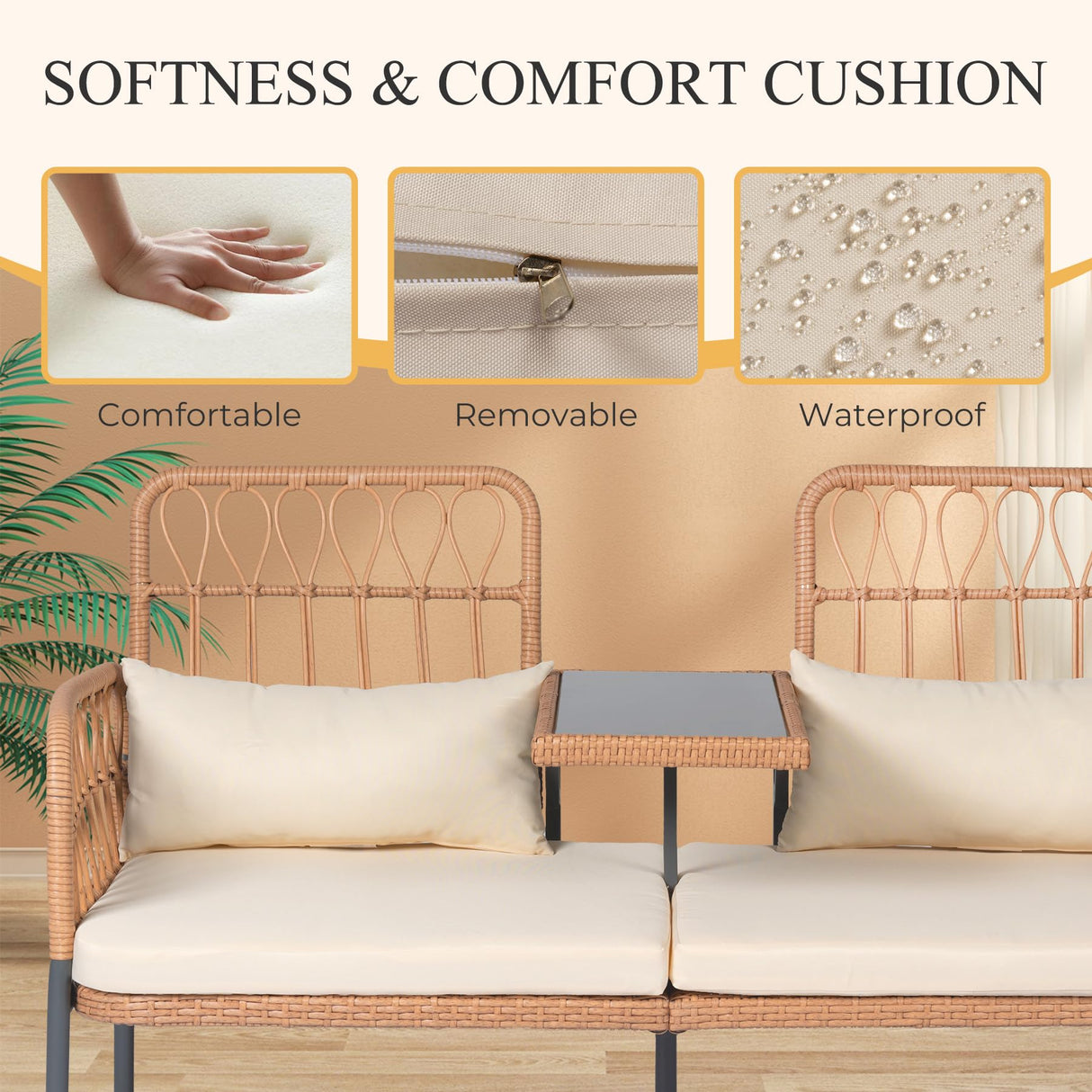 PROHIKER Patio Furniture Outdoor Rattan Loveseat 2-Seat with Built-in Table, Lumbar Pillows and Cushions, All-Weather Wicker Loveseat Porch Chairs for Balcony, Lawn, Backyard PROHIKER