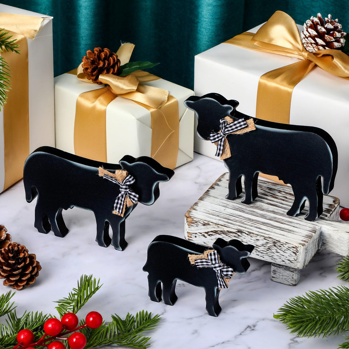 Bucherry 3 Pcs Farmhouse Cows Tiered Tray Decor Wooden Cow Tabletop Rustic Block Centerpiece Cow Table Sign Standing Ornament for Home Kitchen Holiday Party Decor(Popular Style) Bucherry