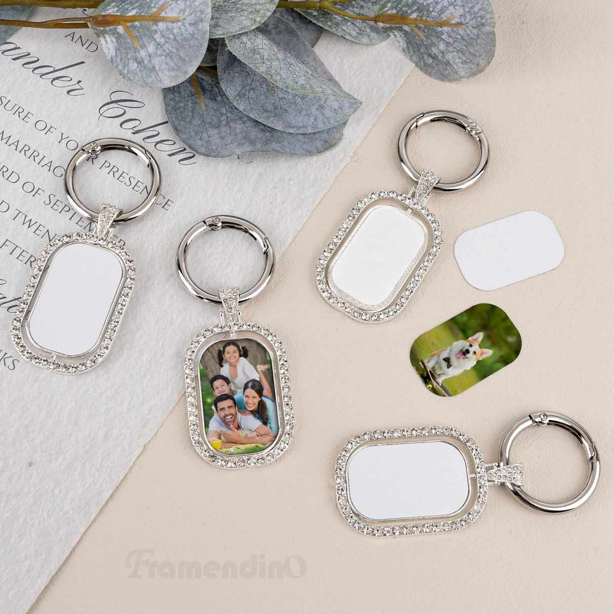 Framendino, 6 Pack Sublimation Blanks Metal Keychains Rhinestone Heat Transfer Square Rectangle Press Key Rings for Personalized DIY Crafts Photo Framendino