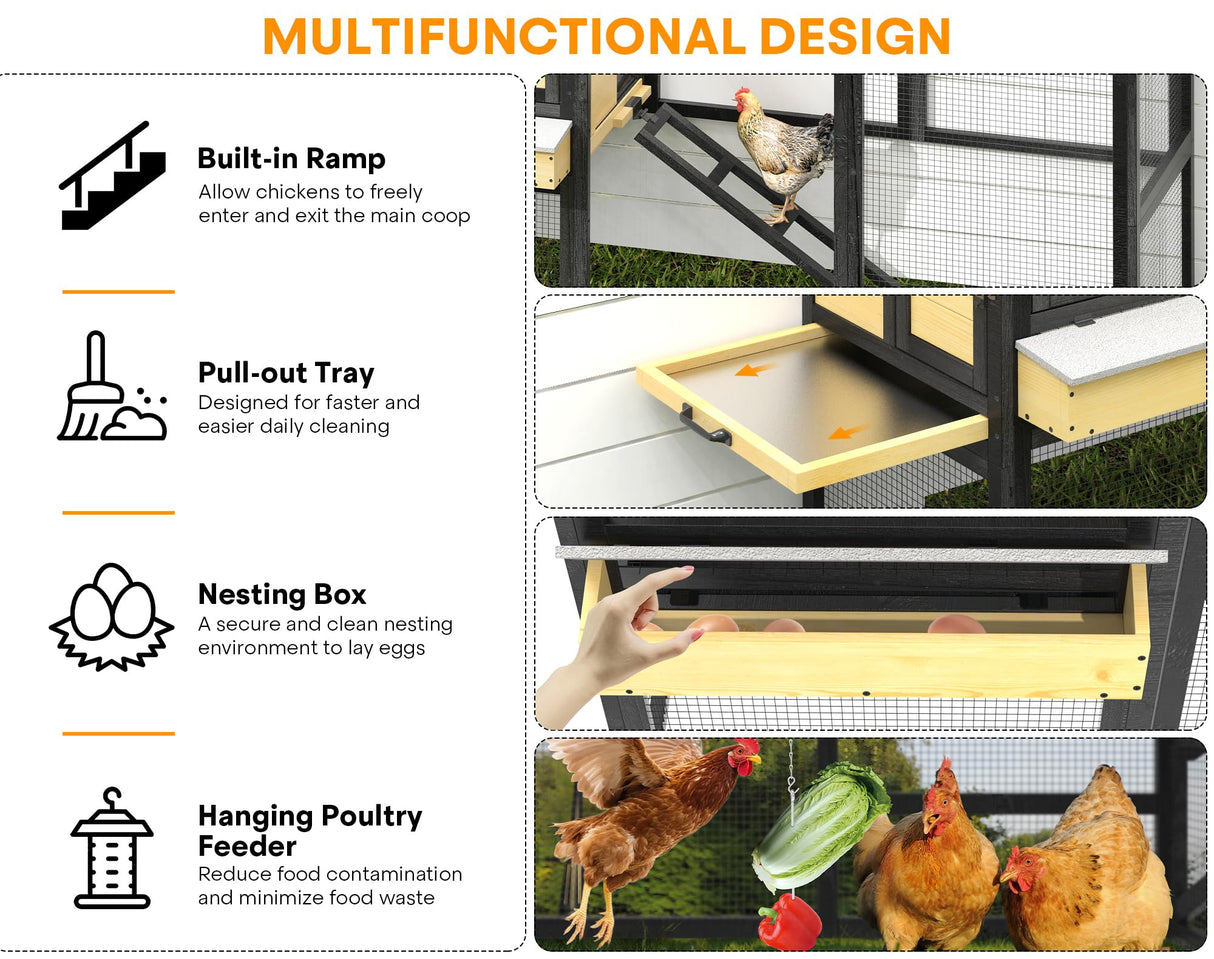 TRYKERPET Chicken Coop for 2-4 Chickens, Three-Sided Wooden Chicken Coop, Chicken House with Nesting Box, 5 Doors, Pull-Out Tray, Suitable for Backyard, Black&Yellow TRYKERPET