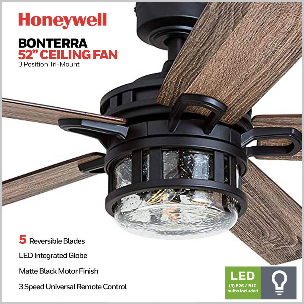 Honeywell Ceiling Fans Bonterra, 52 Inch Contemporary Indoor LED Ceiling Fan with Light and Remote Control, Dual Finish Blades, Reversible Motor - Model 50690-01 (Matte Black) Honeywell Ceiling Fans