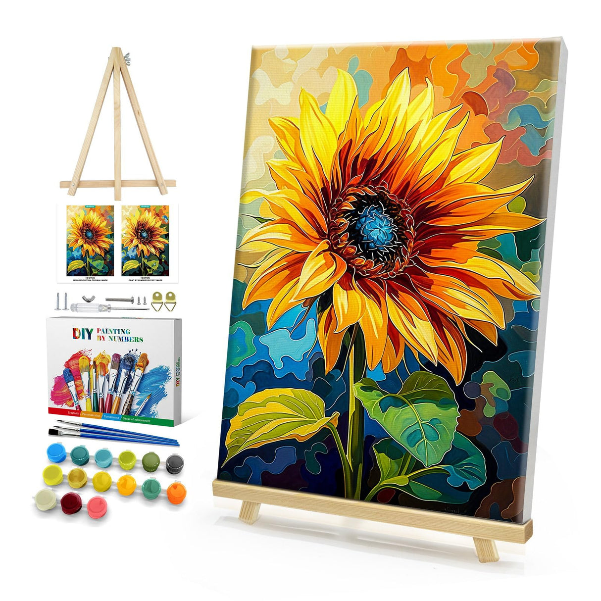 HeeBenor Framed Paint by Numbers Kit for Adults, Sunflower Paint by Number with Easel, DIY Flowers Acrylic Oil Painting Kit, Adult Paint by Number Kits Framed Canvas for Home Decor 8x12 Inch HeeBenor