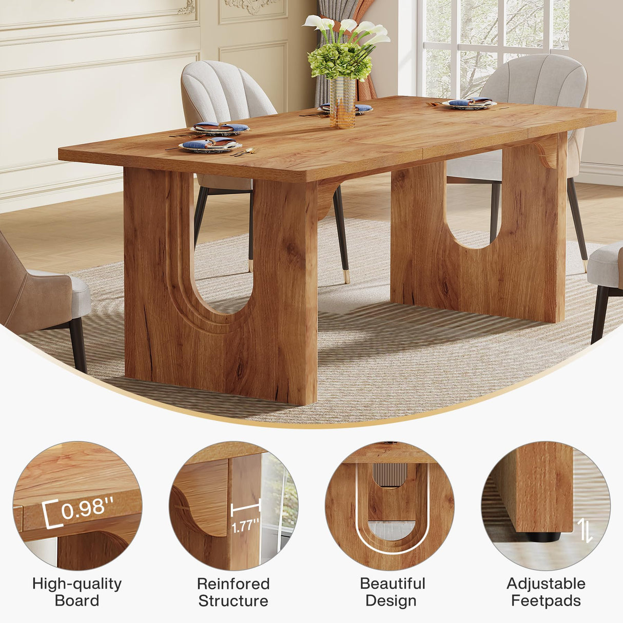 Tribesigns Modern Dining Table for 6 to 8 People, 71" Large Kitchen Dining Table with Wood Pedestal Base, Rectangular Long Dinner Table for Kitchen, Dining Room, Living Room, Rustic Brown Tribesigns