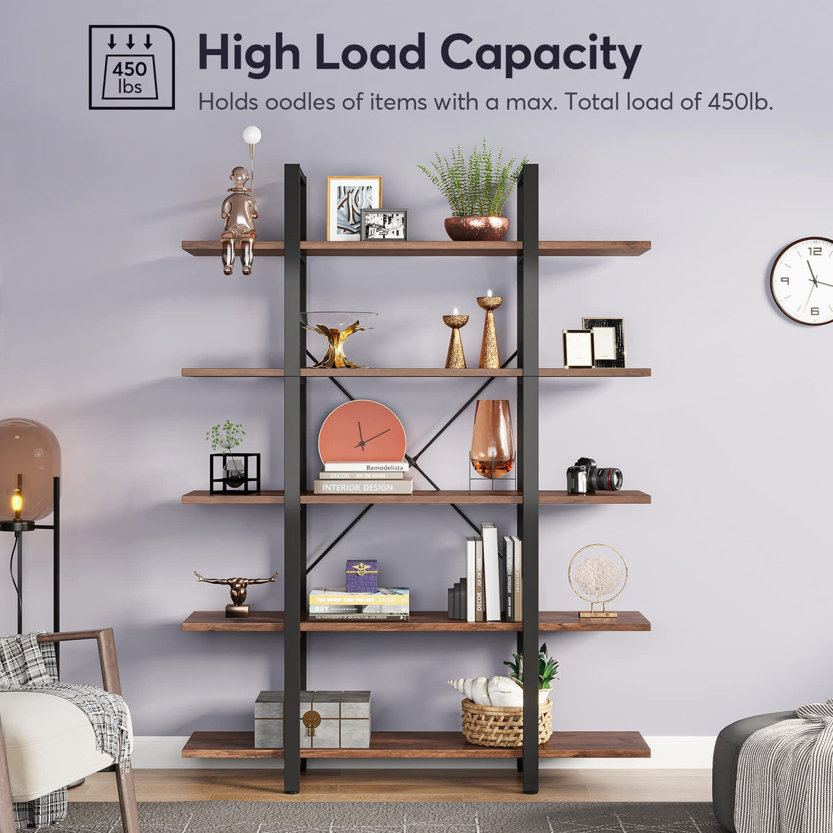 Tribesigns Vintage Industrial 5-Tier Bookshelf - Retro Brown, 72 H x 12 W x 47 L Inches Tribesigns