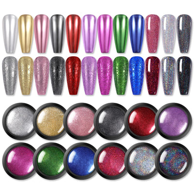 Born Pretty Mirror Chrome Nail Powder Set 12 Colors Metallic Mirror Effect Nail Powder Holographic Aurora Chameleon Pigment for Nail Art Gel Polish Mermaid Powder Decoration Sets