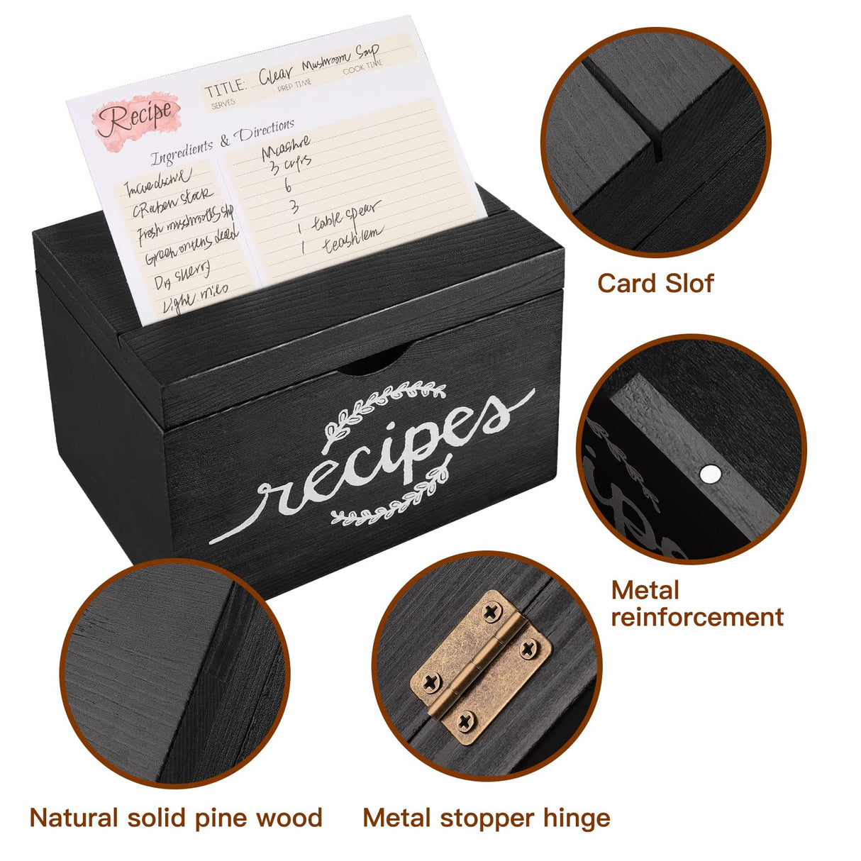 Recipe Cards and Box Set, Wood Recipe Card Box, Farmhouse Recipe Organizer for Kitchen Counter, Rustic Recipe Holder with 4x6 Inches Recipe Cards, Great Gift for Grandma Mom Women Recipe Lovers MISTOD