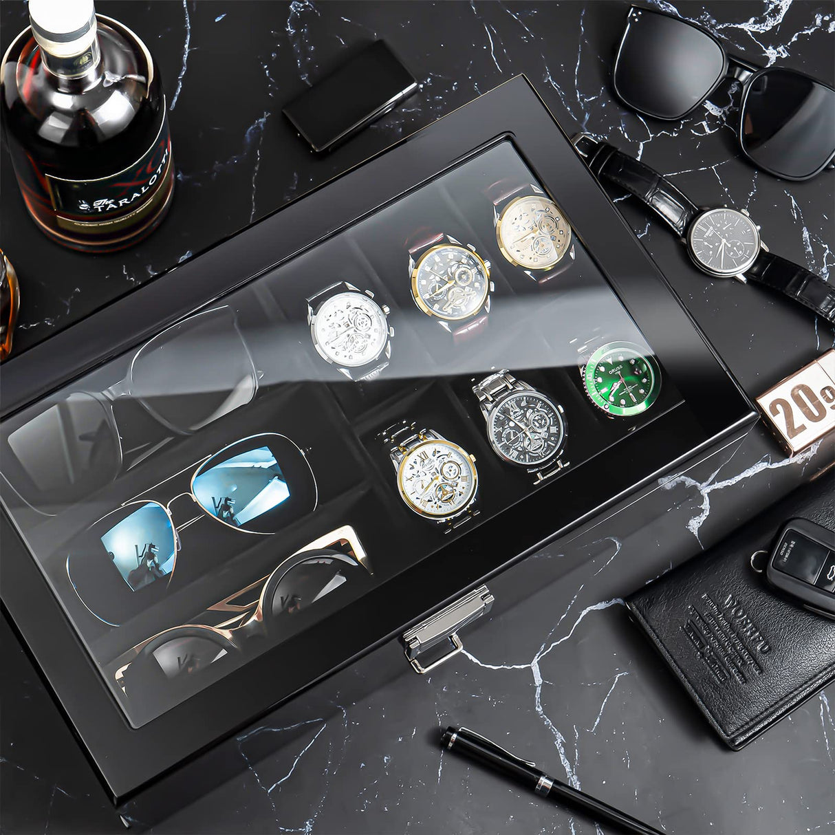 ProCase Wooden Men's Jewelry Box, 2-Tier Watch Holder and Sunglasses Box Organizer for Men, Display Cases with Clear Glass Top and Storage Drawer, Father's Day Gift -Black ProCase