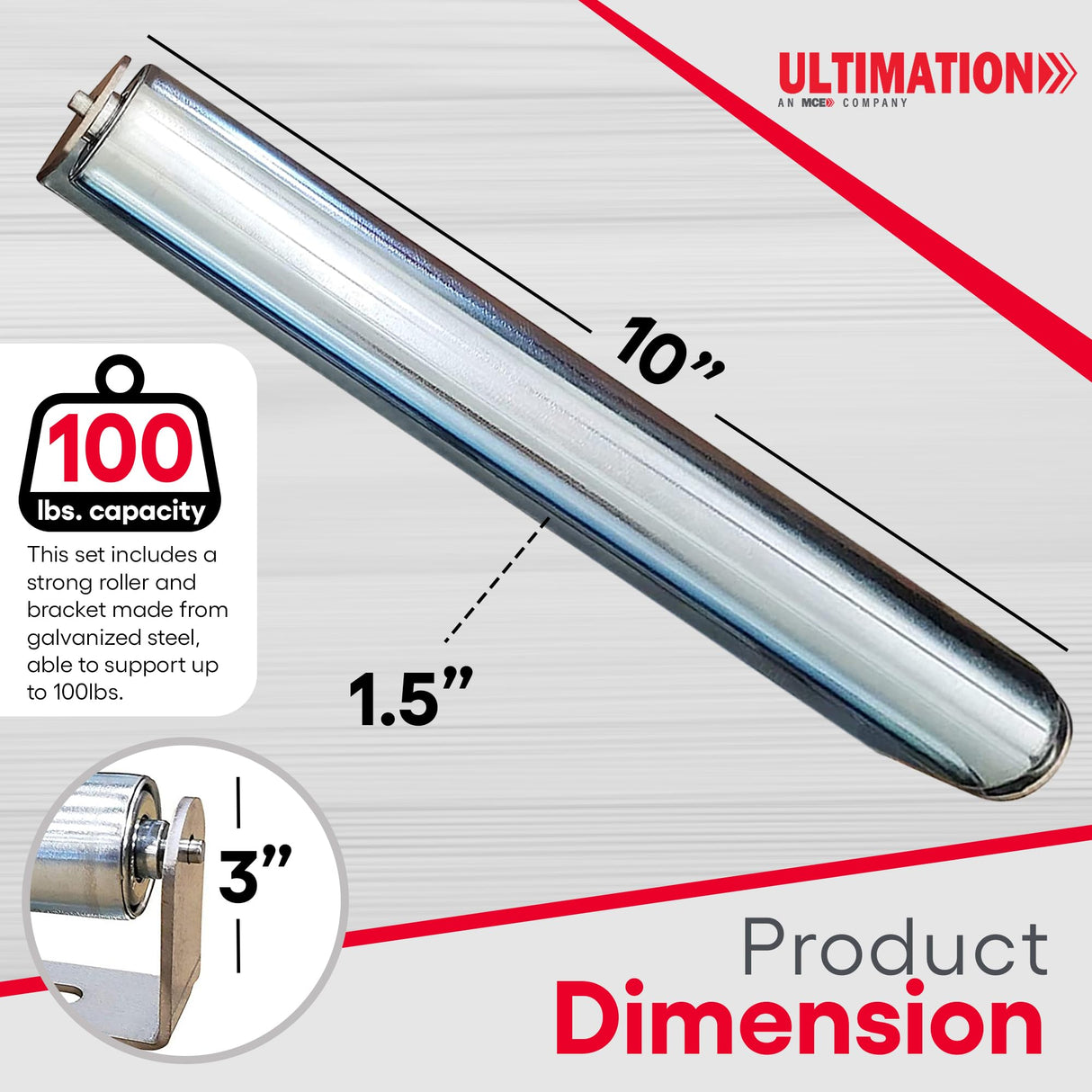 Ultimation Pack of 2 | 10" Long Roller & Bracket Set |1.5" Diameter | Galvanized Steel | Industrial Use | Easy Install | Reliable & Sturdy for Your Conveyor Needs | Can Be Used As Kayak Roller Loaders Ultimation