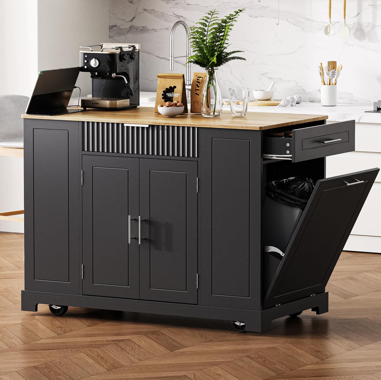 Ball & Cast Fluted Kitchen Island with Trash Can Storage Cabinet,Power Outlet,Internal Storage Rack,Rolling Kitchen Islands On 5 Wheels W/3 Drawers & 3 Open Side Racks for 10 Gallon Garbage Bin,Black Ball & Cast