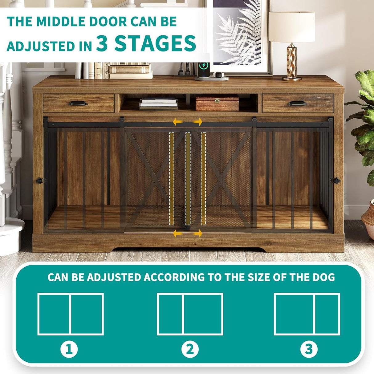 YITAHOME 63 Inch Double Dog Crate TV Stand with Charging Station, Heavy Duty Wooden Cage Furniture for 2 Dogs, Dog Kennel Indoor Furniture Double Sliding Barn Door Design Ideal for 2 Dogs, Oak YITAHOME