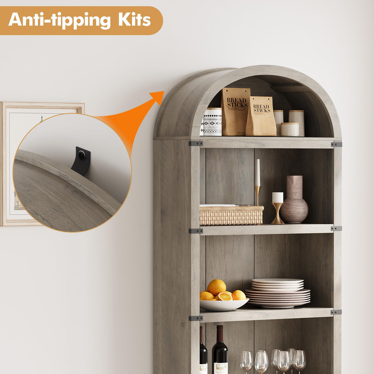 GarveeHome Bookcase 5 Shelf Arched Bookshelf 71.65 in Tall Bookcase Farmhouse Display Storage Rack Wooden Bookshelves for Home Office, Living Room (Rustic Gray) GarveeHome