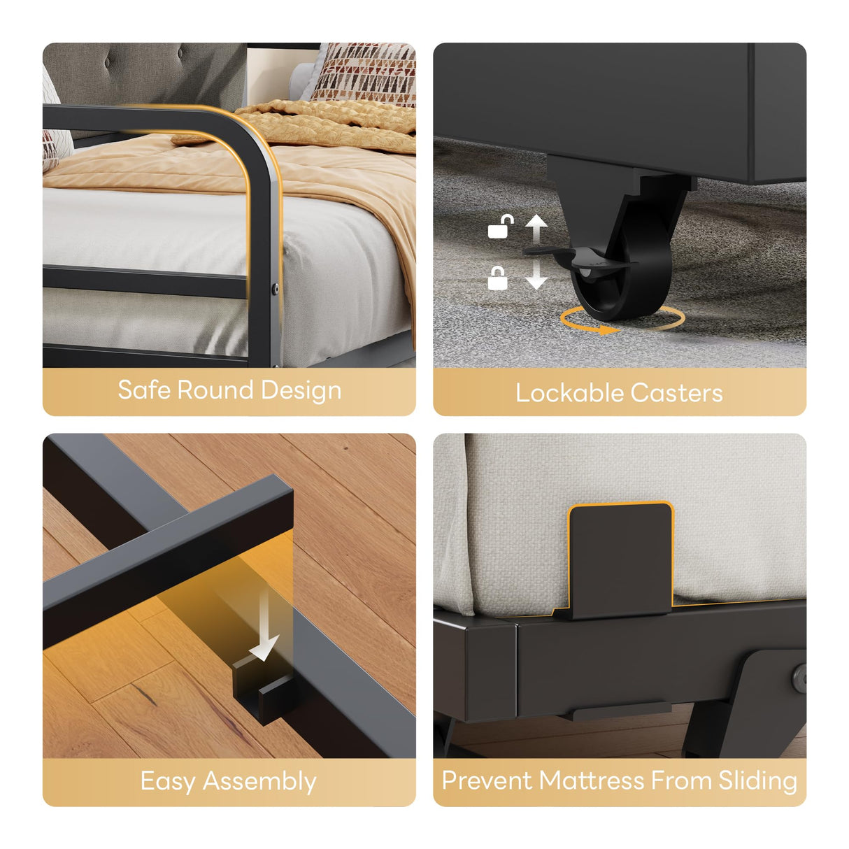 LIKIMIO Daybed with Trundle, Twin Bed Frame with Upholstered Headboard and Charging Station, Sofa Day Bed with Strong Supports for Living Room, Bedroom and Guest Room, Black LIKIMIO