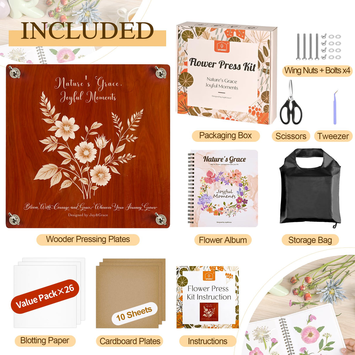 Joy&Grace Large Flower Press Kit for Adults & Kids with Designed Cover and DIY Album, 10.9" x 10.9" 10 Layers Plant Press and Plant Drying Toolkit, Flower Preservation Kit (Color Box, Mahogany Color) Joy&Grace